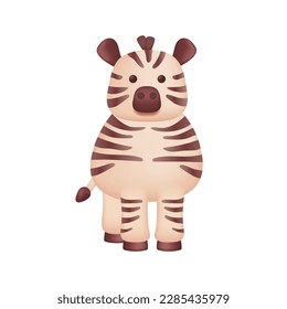 Adorable zebra character as kids toy 3D illustration. Cartoon drawing of striped wild animal as mascot or gift in 3D style on white background. Wildlife, nature, zoo concept