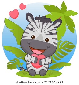 Adorable zebra sits and hugs a heart. Zebra baby in kawaii style. Zebra with a heart. Kawaii style. Vector illustration of drawings, prints and patterns. Vector illustration