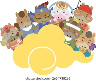 Adorable Zodiac Horse Seven Lucky Gods on Cloud – New Year Illustration 2026