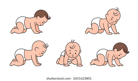 Adorably Cute Baby Crawling Development Milestones and Stages Captured in Charming Illustrations Showcasing Early Mobility