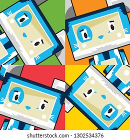 Adorably Cute Cartoon Block Easter Bunny Rabbit Character in Squares