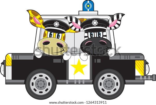 Adorably Cute Cartoon Zebra and Giraffe\
Policemen and Police Car\
Illustration