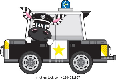 Adorably Cute Cartoon Zebra Policeman and Police Car Illustration