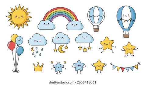 Adoravelmente bonito kawaii estilo elementos meteorológicos e objetos celestes para desenhos de crianças