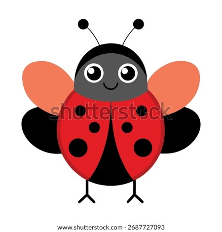 Adorably designed cartoon ladybug featuring bright red wings with black spots and vibrant orange wing covers, perfect for children's books and playful artwork.