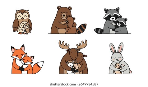 Adorably illustrated forest creatures show affectionate mother animal embraces little ones warm bonds