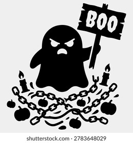 Adorably spooky and angry little ghost silhouette vector illustration holding a wooden boo sign board or placard. Cute phantom monster character surrounded by heavy rusted iron chains, small Halloween pumpkins, and burning candles in bold black monochrome style. Perfect for classic Halloween greeting cards, spooky party decorations, funny ghost stickers, and creative autumn t-shirt prints. High-quality editable EPS 10 vector isolated on background.