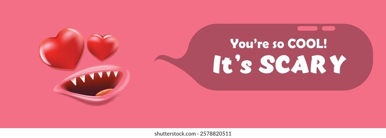 Adorably Spooky Valentine: Cute Monster and Funny Quote Banner. You are so cool it's scary slogan and quote with funny cute monster and text. Valentines day pink banner with cute monster and slogan