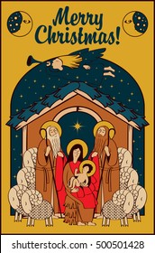Adoration of the Magi. Holy Family and Christmas angel