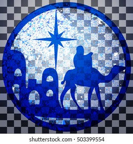 Adoration of the Magi silhouette icon vector illustration blue on gray transparent background. Scene of the Holy Bible