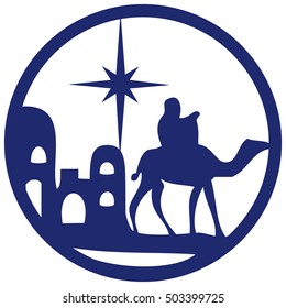 Adoration of the Magi silhouette icon vector illustration blue on white background. Scene of the Holy Bible