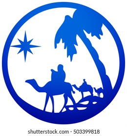 Adoration of the Magi silhouette icon vector illustration blue on white background. Scene of the Holy Bible
