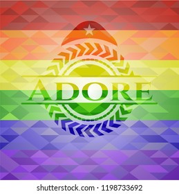 Adore emblem on mosaic background with the colors of the LGBT flag