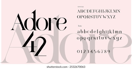 Adore font Set. Letras Minúsculas e Maiúsculas incluídas. Sinais e nimerais. Logotipo elegante e alfabeto de moda.