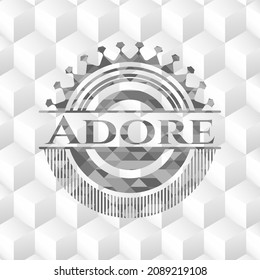 Adore grey badge with geometric cube white background. 