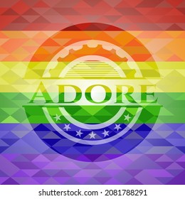 Adore on mosaic background with the colors of the LGBT flag. 