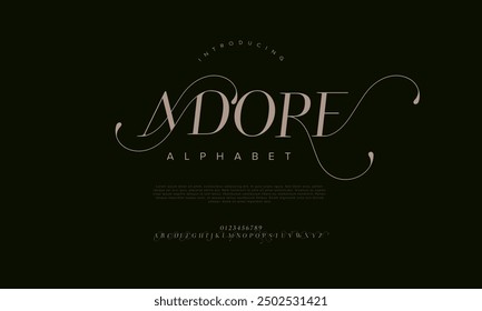 Adore swash luxury elegant alphabet letters and numbers. Vintage wedding typography classic serif font decorative vintage retro. creative vector illustration