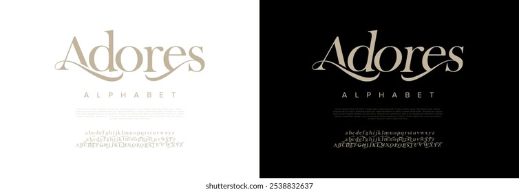 Adores typography beauty fashion elegant minimalist serif italic fonts decorative wedding vintage retro logos. Minimal luxury font alphabet logo. Vector illustration