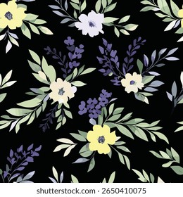 adorned with elegantly scattered floral and leaf details on a black background. Flowers blooming in yellow, white and purple tones, in different sizes and forms