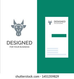 Adornment, Animals, Bull, Indian, Skull Grey Logo Design and Business Card Template