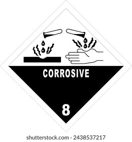 ADR 8 corrosive substance sign, black and white diamond sign, vector illustration.