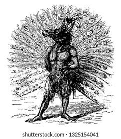 Adramelech was President of Devils who show himself as a mule and under that a peacock. Burned the children with his altars, vintage engraved line art illustration. Infernal Dictionary 1863.