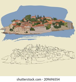 Adratic sea and the Sveti Stefan Island, south of Montengro. Old European town. Vector illustration.