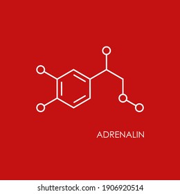 Adrenalin molecula structure. White line icon isolated on red background. Hormone epinephrine, neurotransmitter. strong emotions, energy symbol