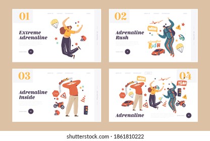 Adrenaline Activity, Sport Recreation Landing Page Template Set. Characters Extreme Spare Time. Skydiving, Car and Motorbike Racing, Roller Coaster Park Attraction. Linear People Vector Illustration - Shutterstock ID 1861810222