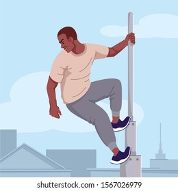 Adrenaline addiction flat vector illustration. Extreme sports obsession. Risky tricks dependence. Thoughtless young man, daredevil climbing high tower without safety equipment cartoon character