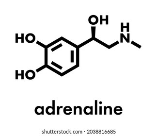 Adrenaline (adrenalin, epinephrine) neurotransmitter molecule. Used as drug in treatment of anaphylaxis Skeletal formula.