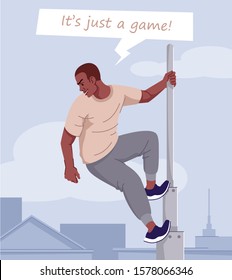Adrenaline dependence flat vector illustration. Extreme lifestyle fan with behavioral disorder. Risky tricks addiction. Young daredevil climbing high tower without safety equipment cartoon character