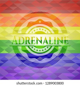 Adrenaline emblem on mosaic background with the colors of the LGBT flag