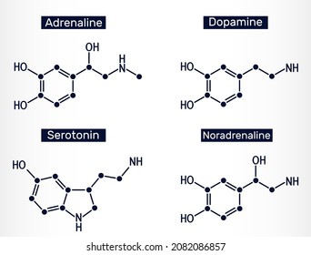 Adrenaline (epinephrine), dopamine ( DA), serotonin, norepinephrine (noradrenaline) molecules. Monoamine neurotransmitters, neuromodulators, medications. Vector illustration