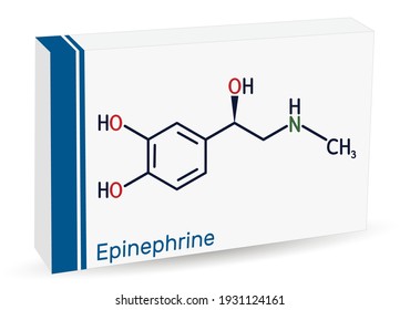Adrenaline, epinephrine molecule.  It is hormone, neurotransmitter, medication. Used as drug due to its various important functions. Paper packaging for drugs. Vector illustration