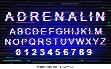 Adrenalin-Glitch-Schrift-Vorlage. Retro futuristische Stil Vektoralphabet auf blauem Hintergrund. Großbuchstaben, Zahlen und Symbole. Extreme Lifestyle-Moderne Schrift-Design mit Verzerrungseffekt