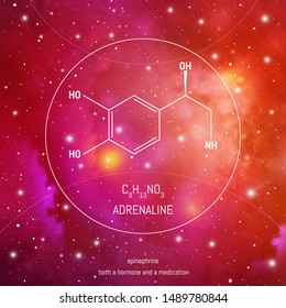 Adrenaline hormone molecule and formula in front of cosmis background. Brain chemistry infographic.