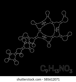 Adrenaline model molecule. Isolated on black background. Vector outline illustration.