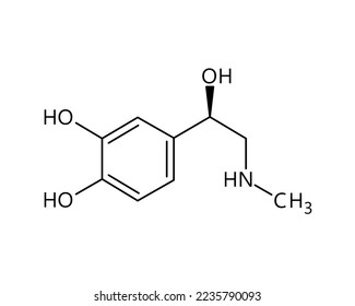 Adrenaline molecular structure. Adrenaline, or epinephrine, is a hormone and medication regulating visceral functions. Vector structural formula of chemical compound.