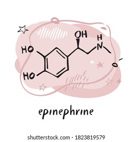 Adrenalin-Molekül. Epinephrine Hormonformel, handgezeichnet auf dem Hintergrund abstrakter Objekte und Formen. Symbol für Biologie, Chemie, Naturheilkunde, Medizin. Cartoon, Vektorgrafik.