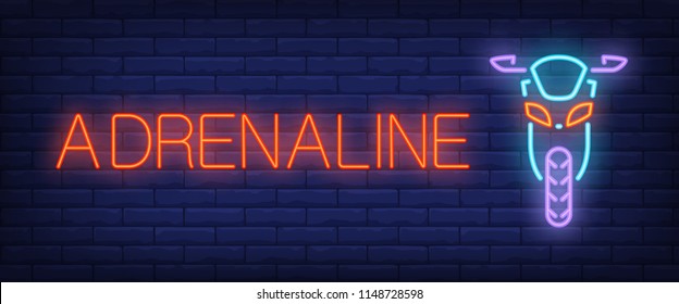 Adrenaline neon style banner. Text and front view of scooter on brick background. Night bright advertisement. Can be used for signs, posters, billboards