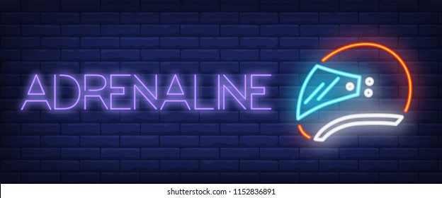 Adrenaline neon text with helmet. Transport and shopping concept. Advertisement design. Night bright neon sign, colorful billboard, light banner. Vector illustration in neon style.