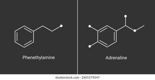 Adrenaline, Phenethylamine (PEA) Chemical Structures illustration. Neurotransmitter molecular formula vector. 