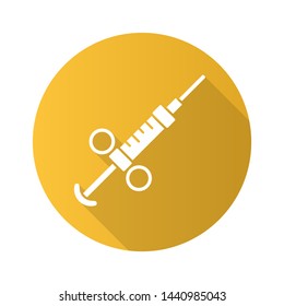 Adrenaline syringe flat design long shadow glyph icon. Game treatment, cure. Medical aid, injection for player. Game equipment, inventory. Drugs, insulin, immunization. Vector silhouette illustration