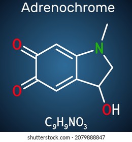 Adrenochrome, adraxone molecule. It is produced by the oxidation of adrenaline. Structural chemical formula on the dark blue background. Vector illustration