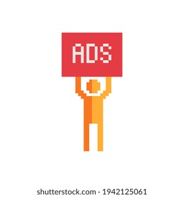 ADS. Advertise and marketing pixel art icon. Branding logo. 8-bit style. Isolated vector illustration.