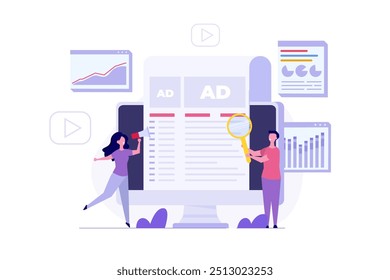 Ads Analysis Concept: A detailed evaluation of commercial advertisements. Features an illustration of an ad analyst assessing the performance of an advertising campaign.