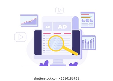Concepto de Análisis de Anuncios: Una evaluación detallada de los anuncios comerciales. Incluye una ilustración de un analista de anuncios que evalúa el rendimiento de una campaña publicitaria. 