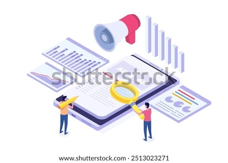 Ads Analysis Concept: A detailed evaluation of commercial advertisements. Features an illustration of an ad analyst assessing the performance of an advertising campaign. 