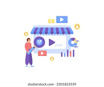 ads analysis concept. evaluate and examine commercial ads. illustration of an ad analyst performing the process of analyzing the performance of an advertising campaign. flat style design. graphic